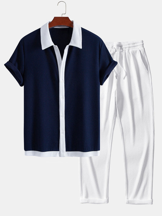 Contrast Ribbed Button Up Shirt & Straight Leg Ribbed Pants