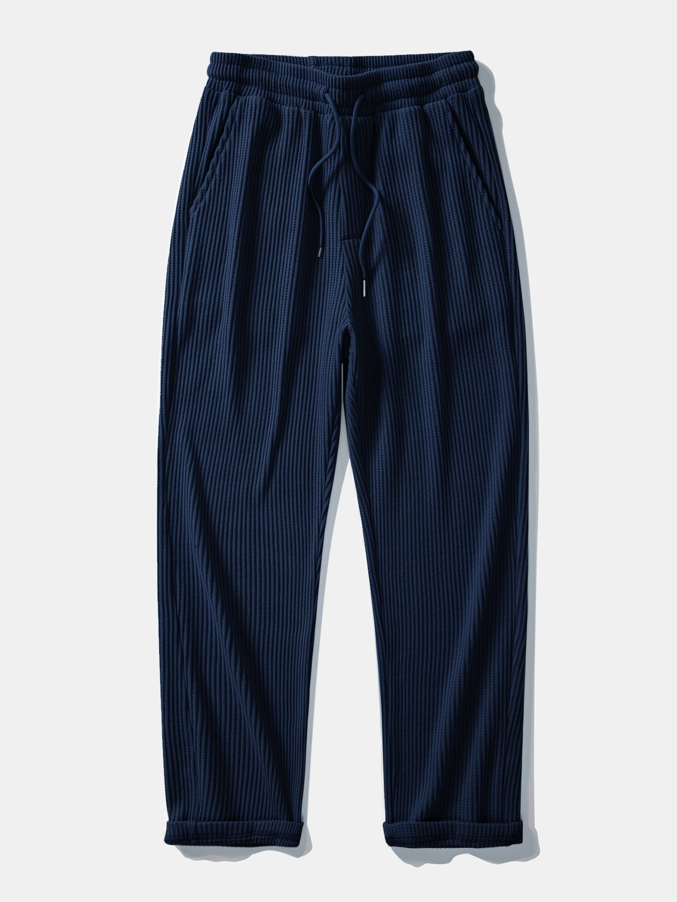 Contrast Textured Johnny Collar Knit Polo & Drawstring Knitted Waffle Pants