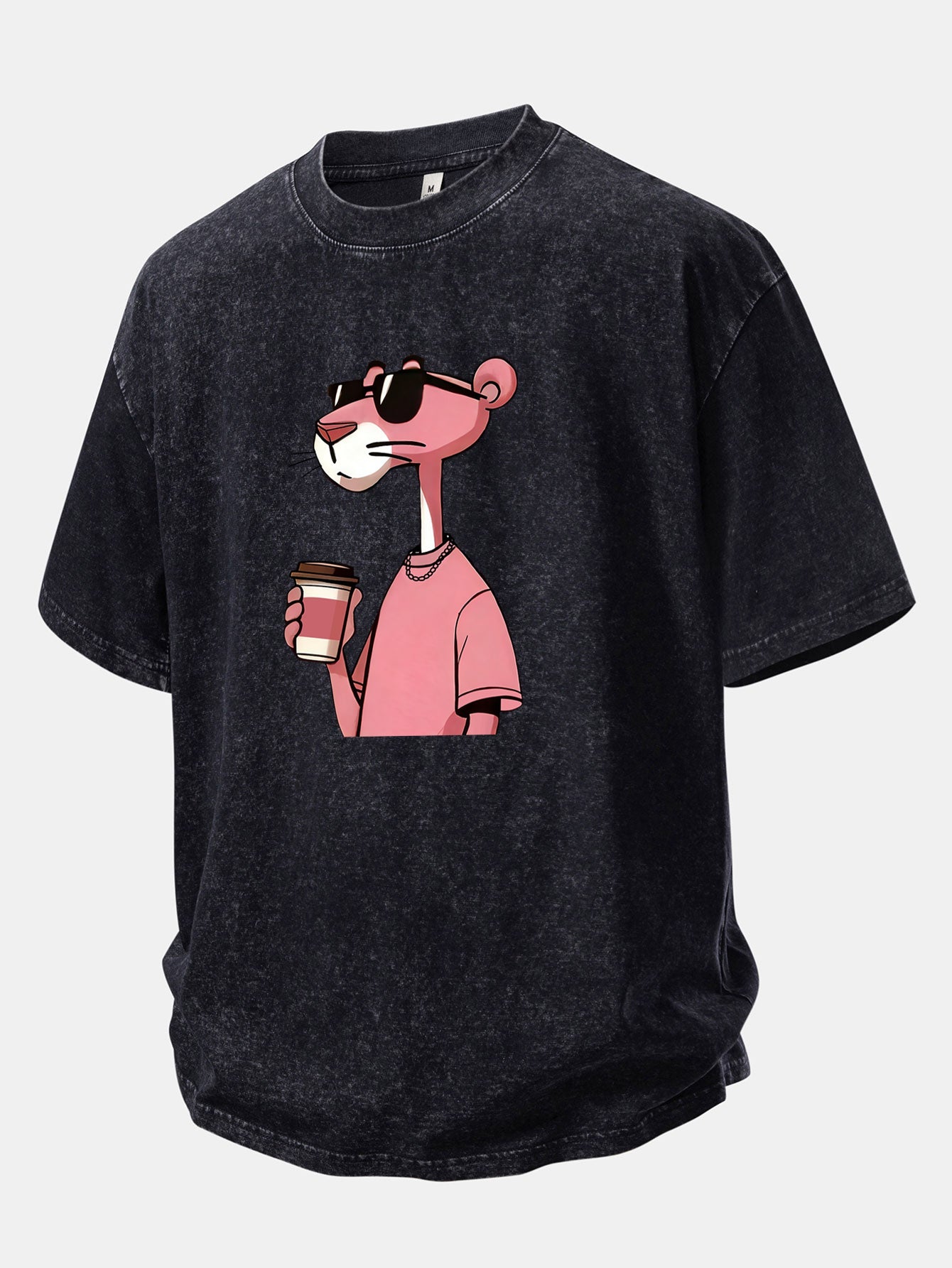 Pink Panther Drinking Coffee Print Washed Distressed Drop Shoulder T-Shirt