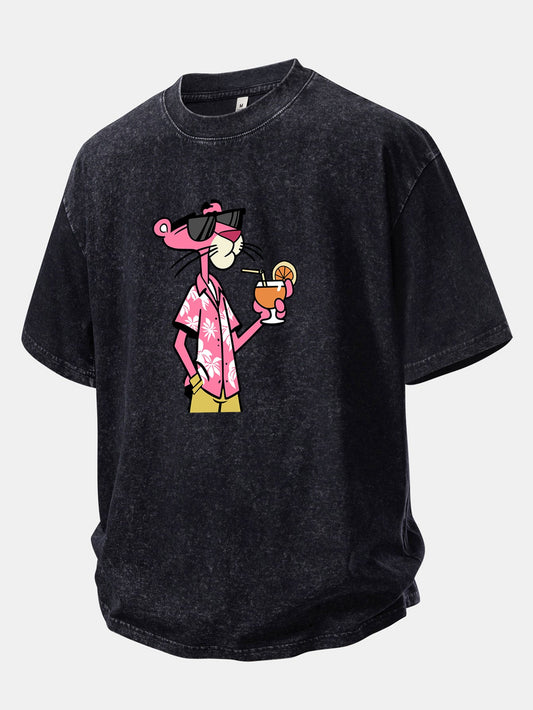 Vacation Pink Panther Print Washed Distressed Drop Shoulder T-Shirt