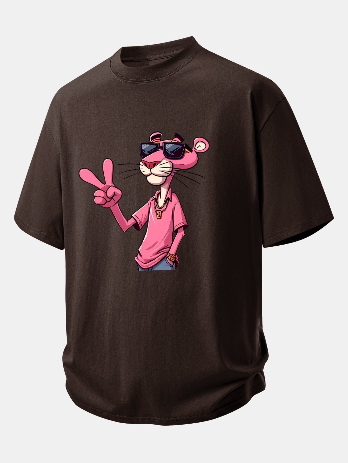 Relax Fit Pink Panther With V Sign Print Cotton T-Shirt