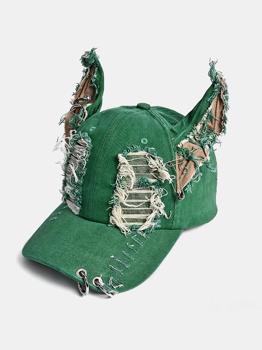 Gothic Western Distressed Denim Baseball Cap With Metal Rings
