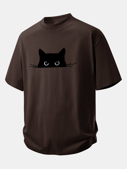 Relax Fit Black Cat Print Cotton T-Shirt