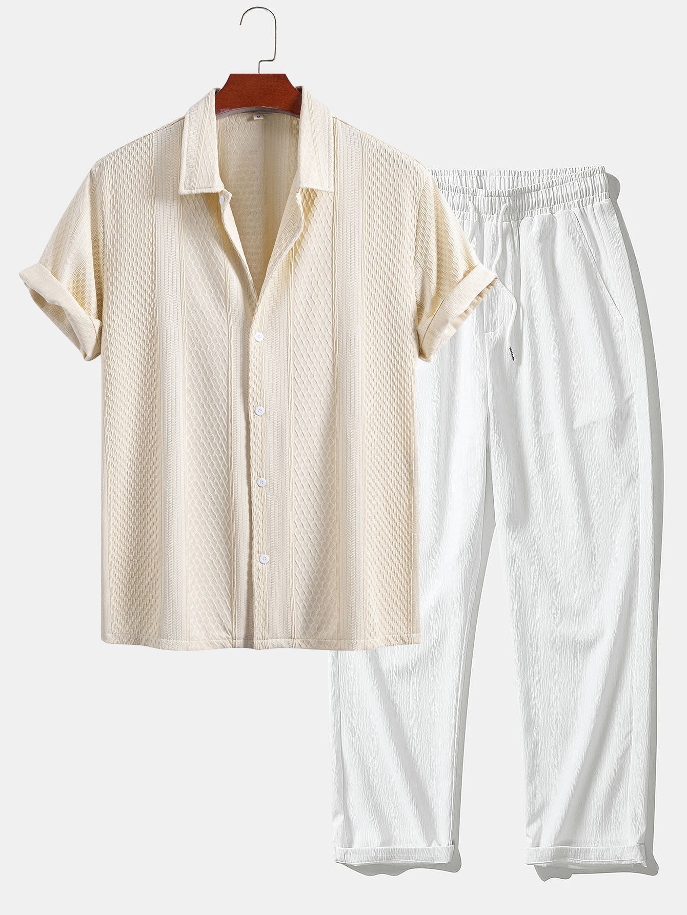 Geometric Jacquard Button Up Shirt & Crinkle Textured Straight Leg Pants