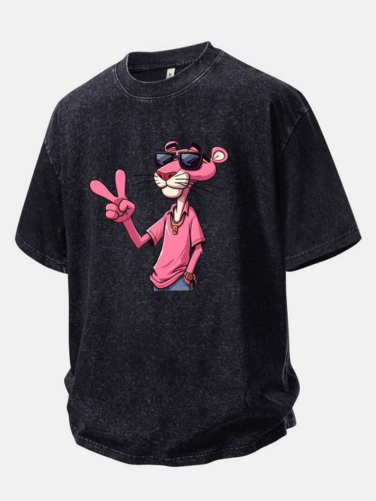 Pink Panther With V Sign Print Washed Distressed Drop Shoulder T-Shirt