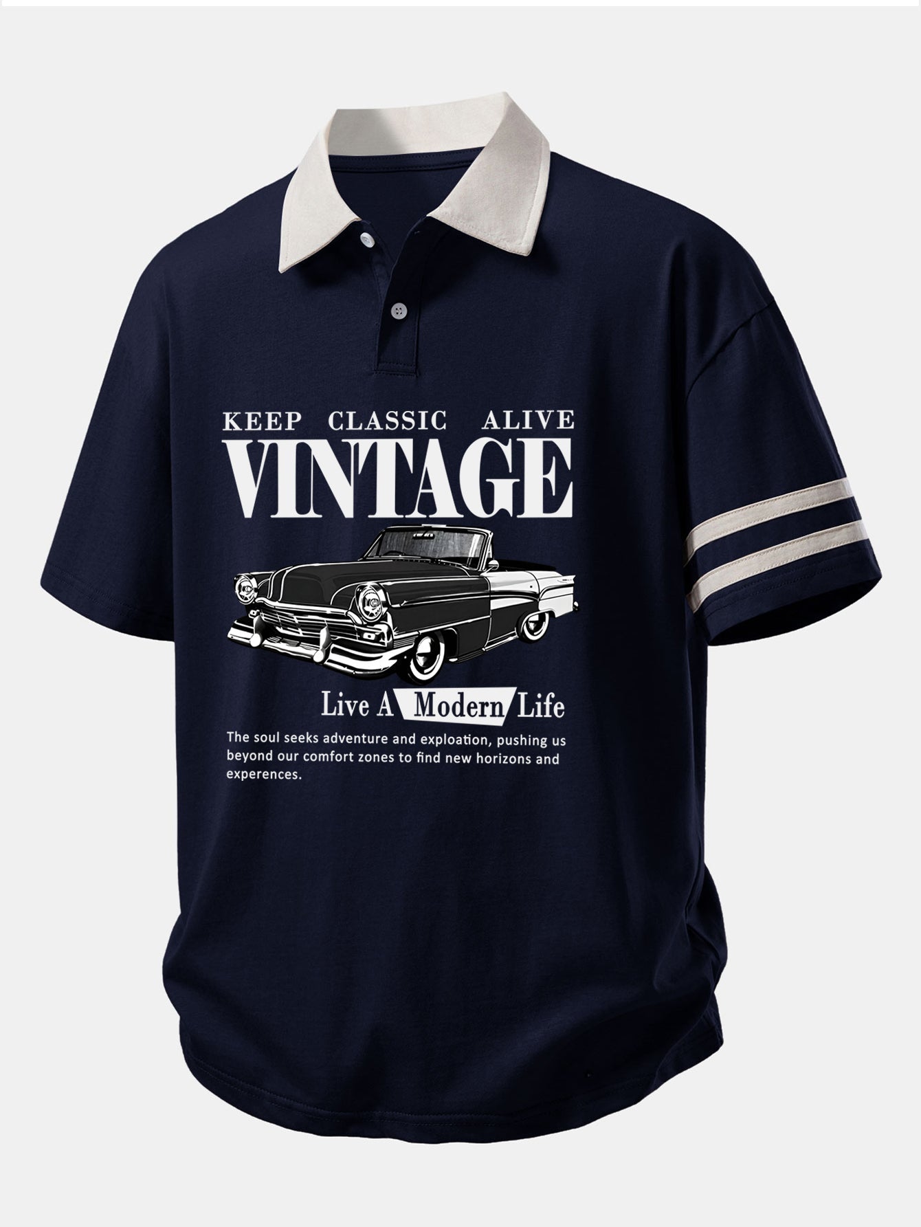 Relax Fit Vintage Car Print Contrast Collar Polo Shirt