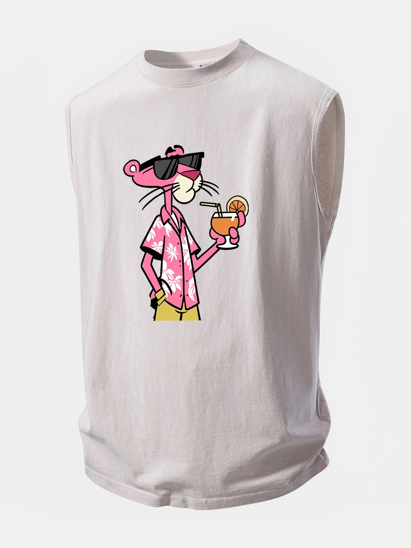 Vacation Pink Panther Print Washed Distressed Tank Top