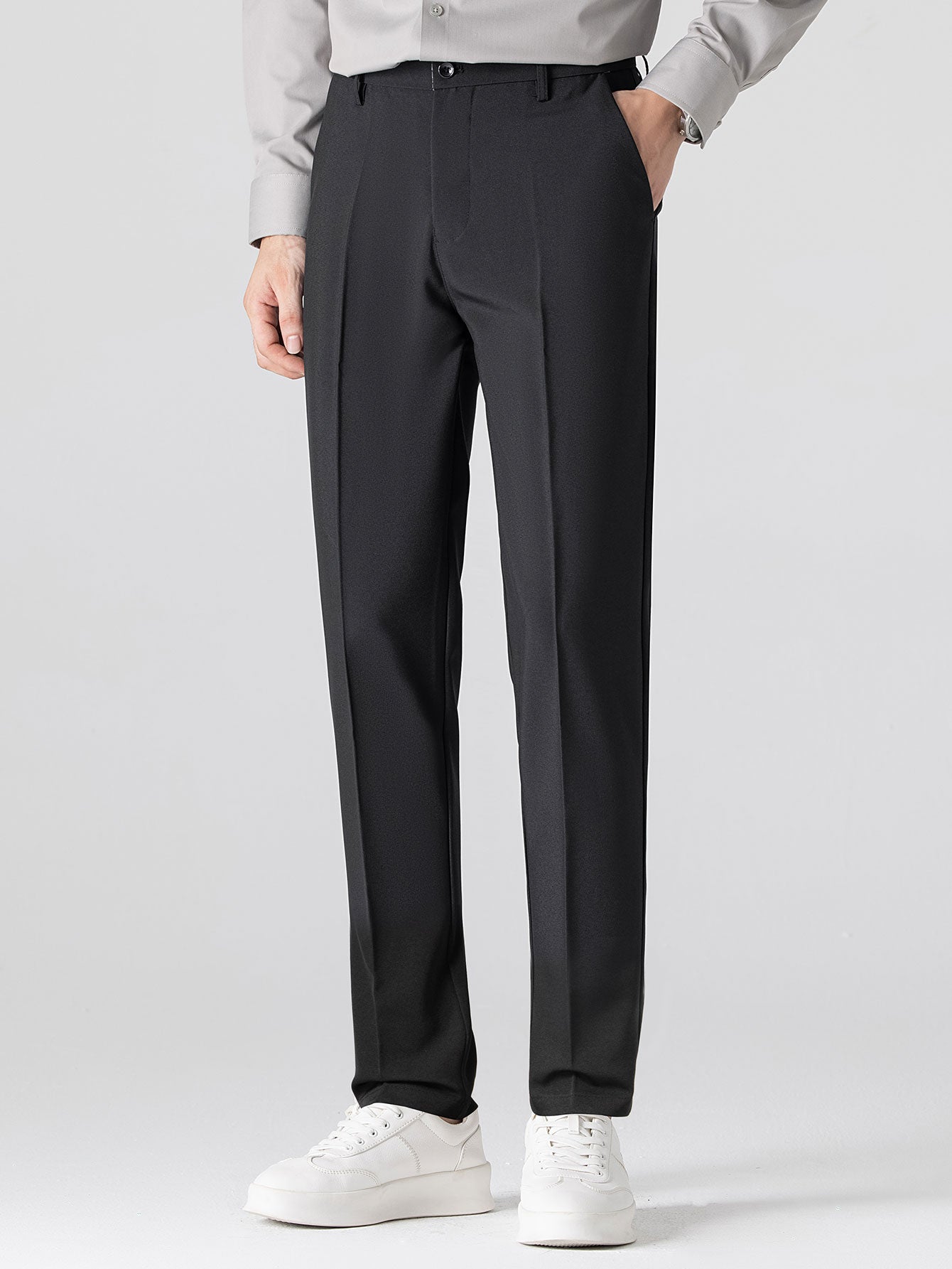 Short Sleeve Linen Look Stand Collar Shirt & Slim Fit Tapered Trousers