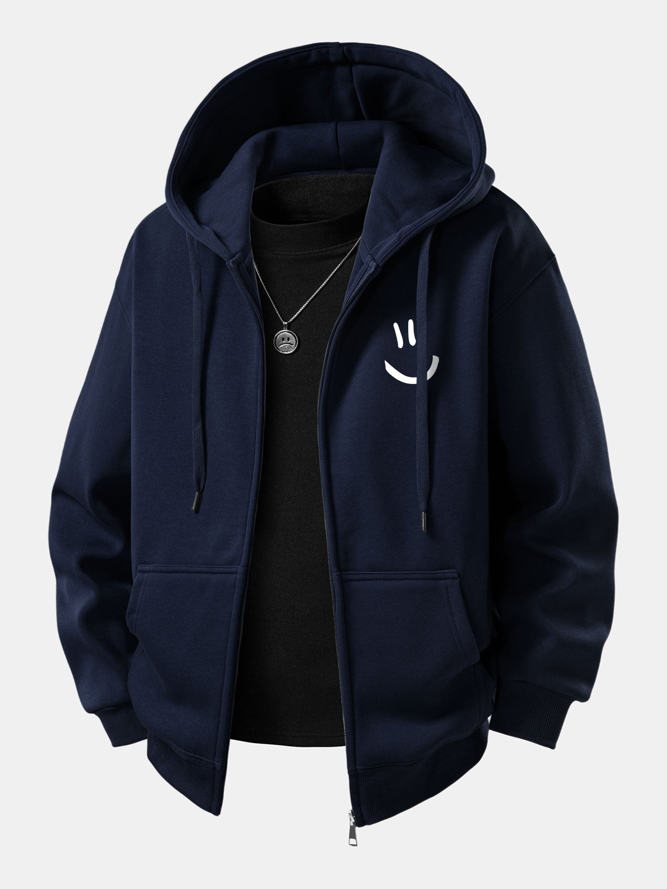 Smiley Face Print Zip-Up Hoodie