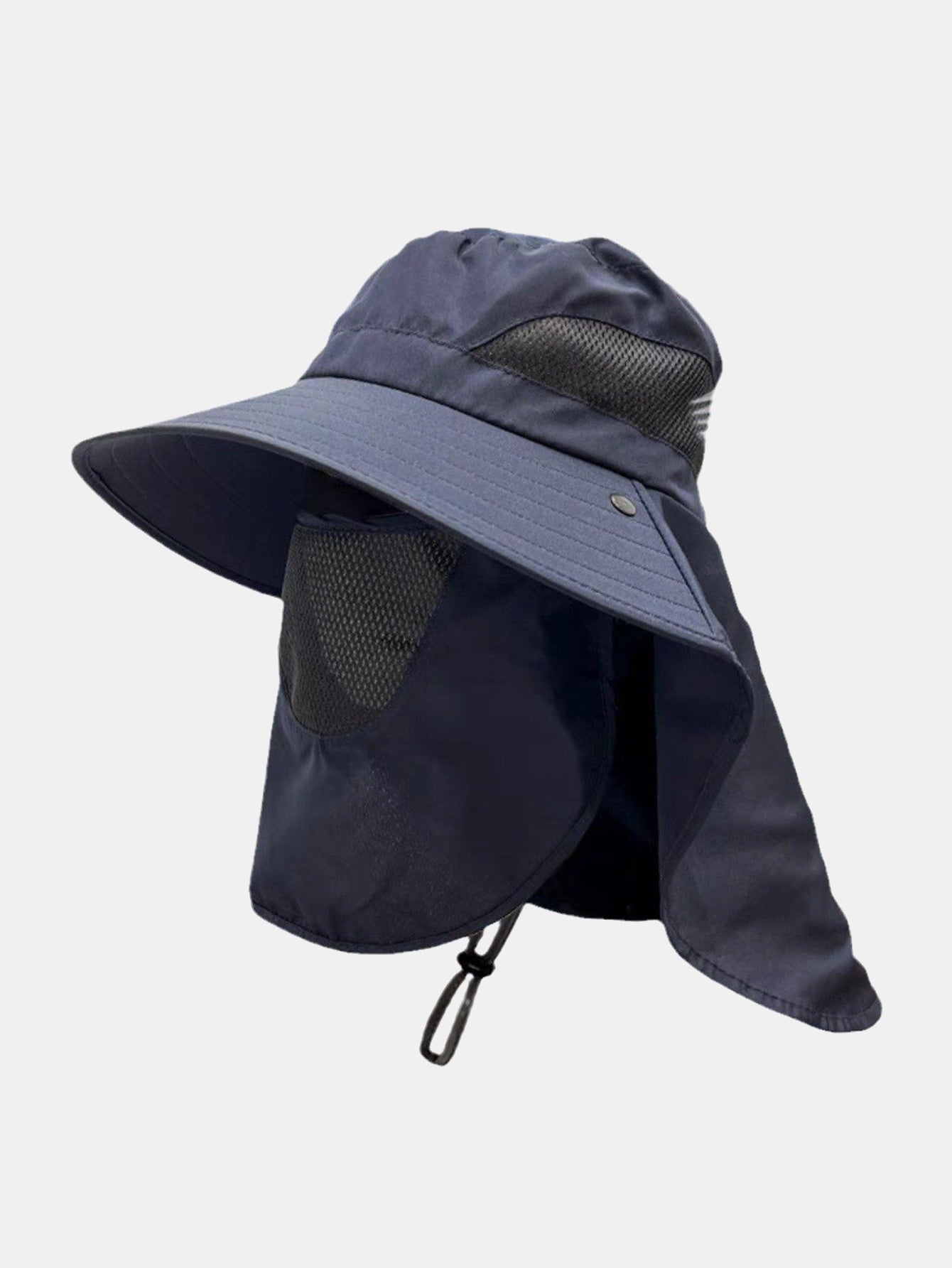Wide-Brimmed Bucket Hat With Detachable Face And Neck Flap — Features Breathable Mesh Material And Adjustable Drawstring