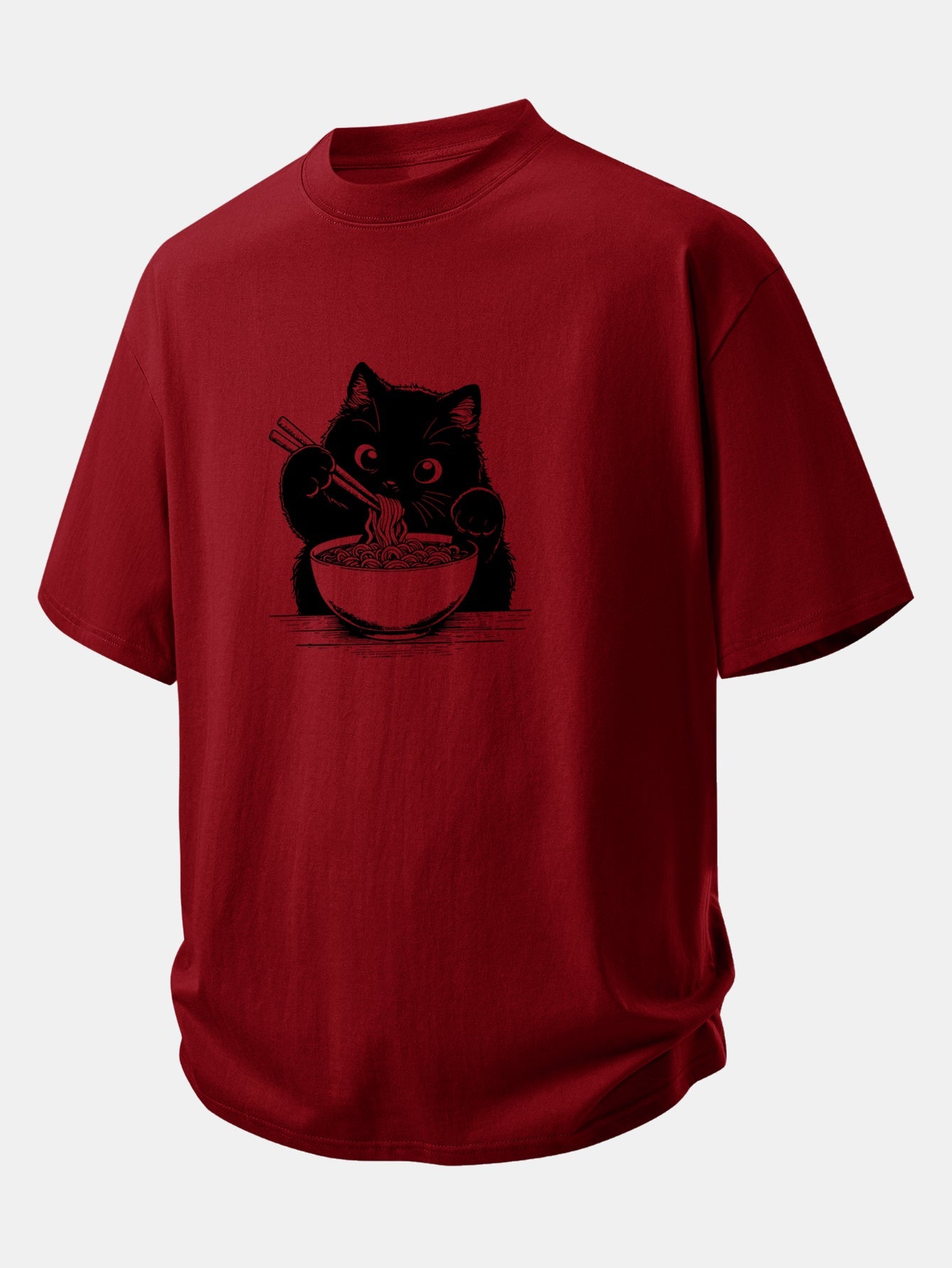 Relax Fit Black Cat Ramen Print Cotton T-Shirt