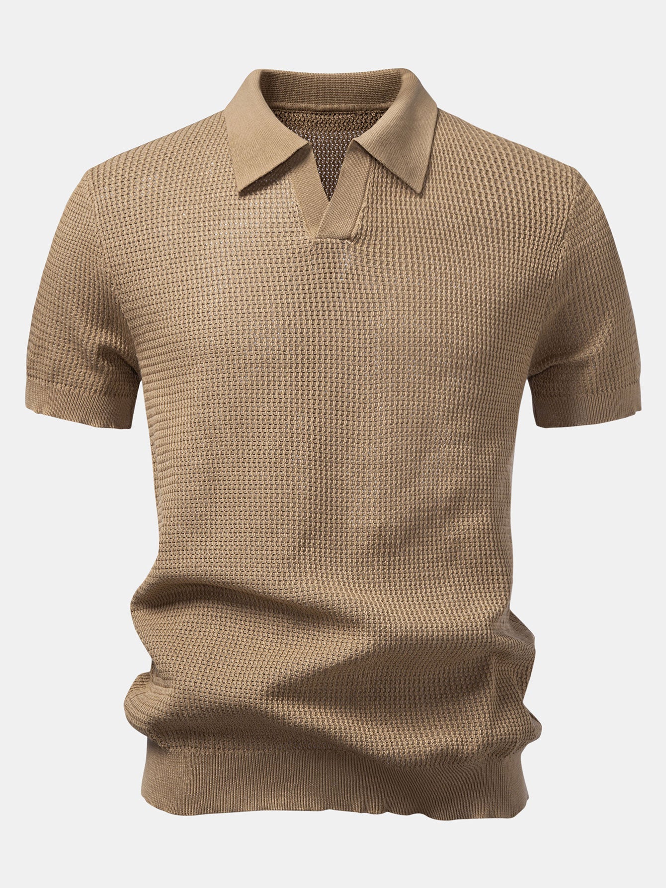 Textured Johnny Collar Crocheted Knit Polo & Crinkle Textured Straight Leg Pants