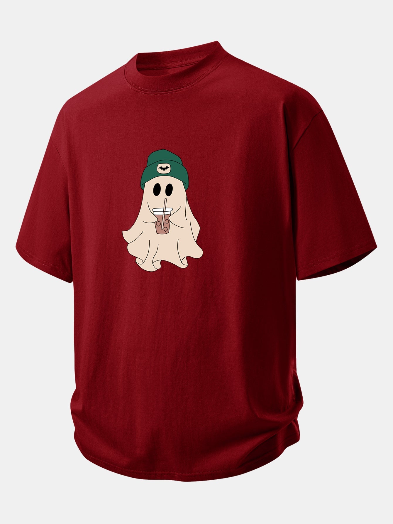 Relax Fit Darkgreen Hat Ghost Print Cotton T-Shirt
