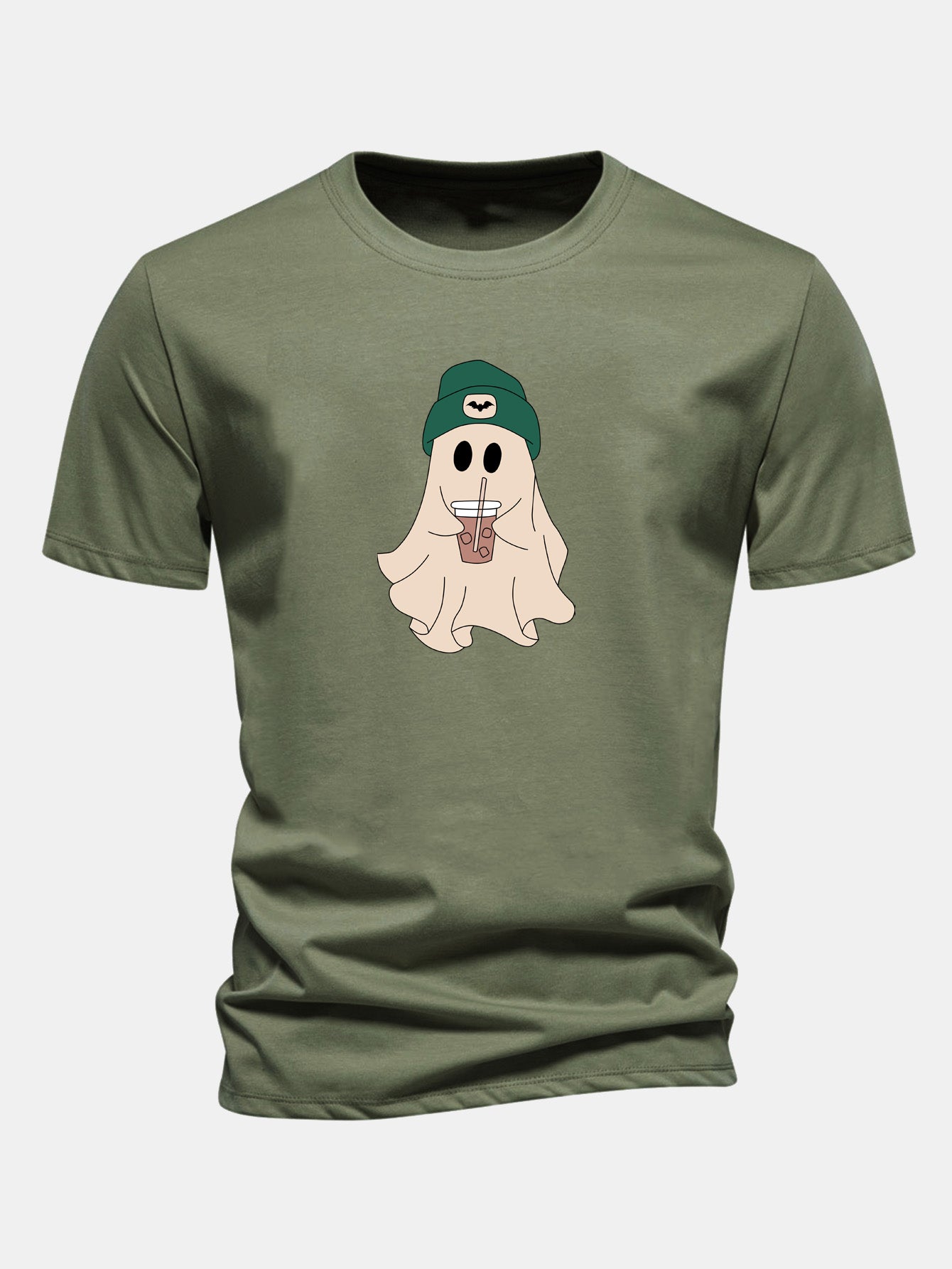 Regular Fit Darkgreen Hat Ghost Print Cotton T-Shirt