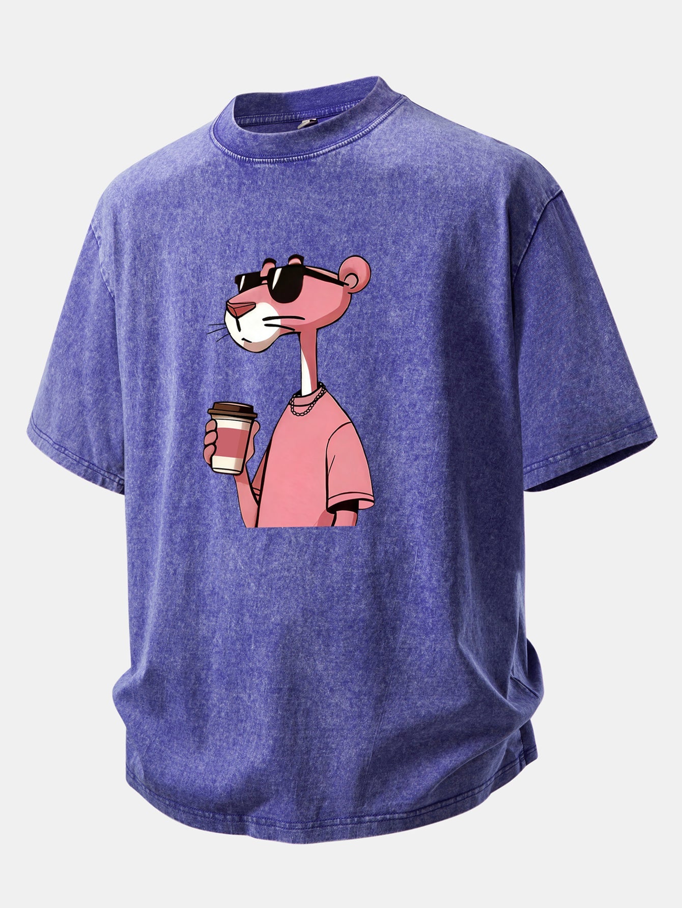 Pink Panther Drinking Coffee Print Washed Distressed Drop Shoulder T-Shirt