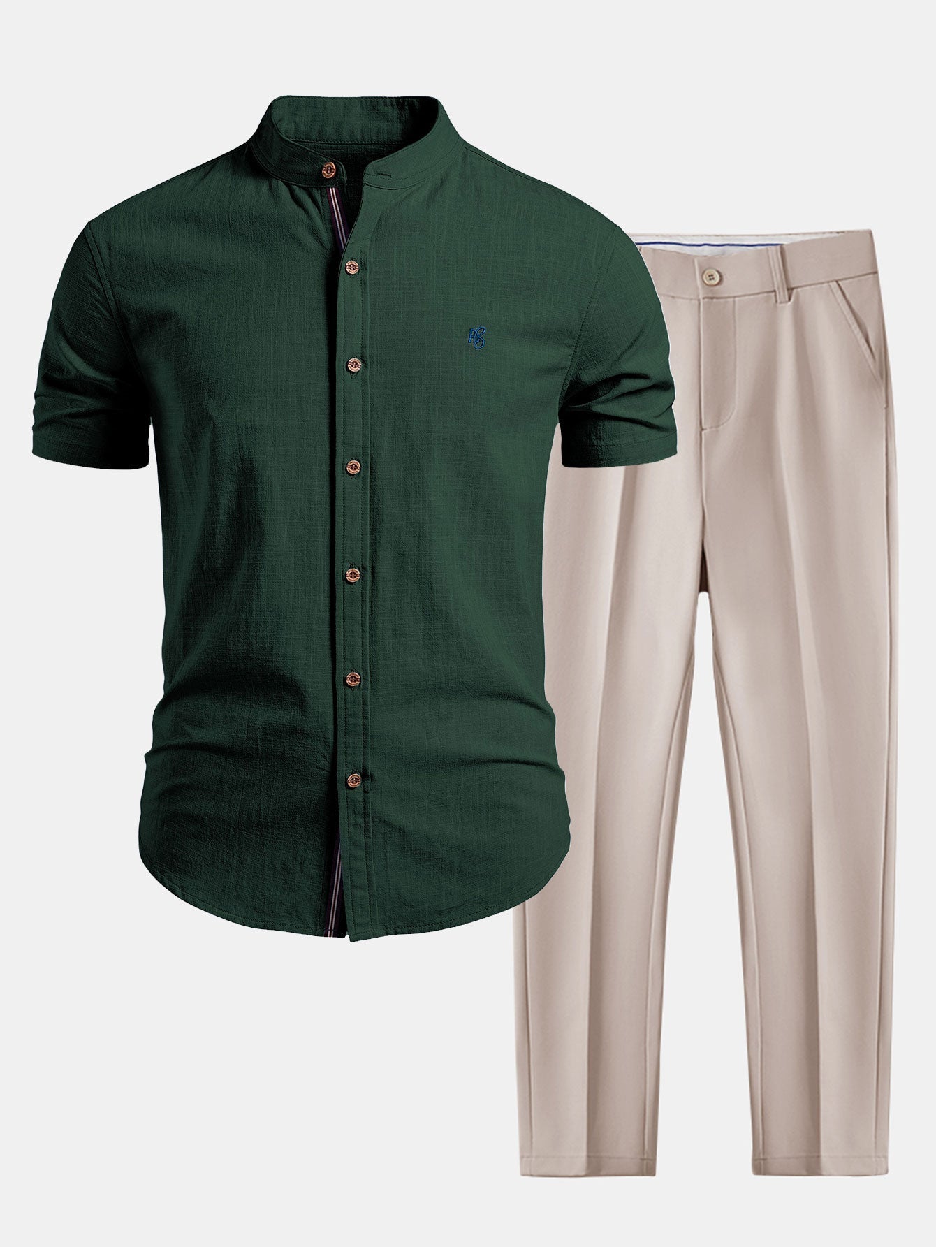 Short Sleeve Linen Look Stand Collar Shirt & Slim Fit Tapered Trousers