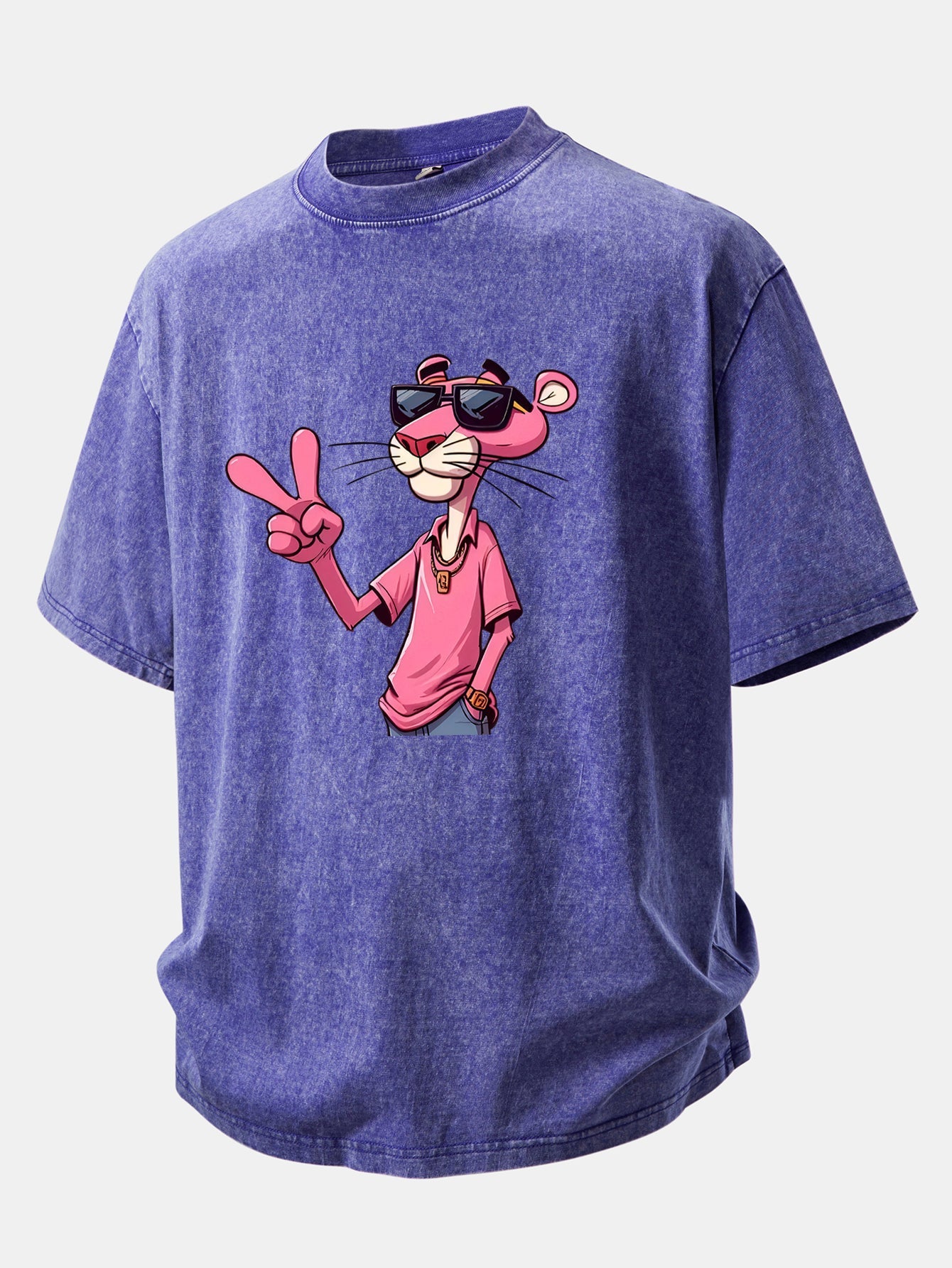 Pink Panther With V Sign Print Washed Distressed Drop Shoulder T-Shirt