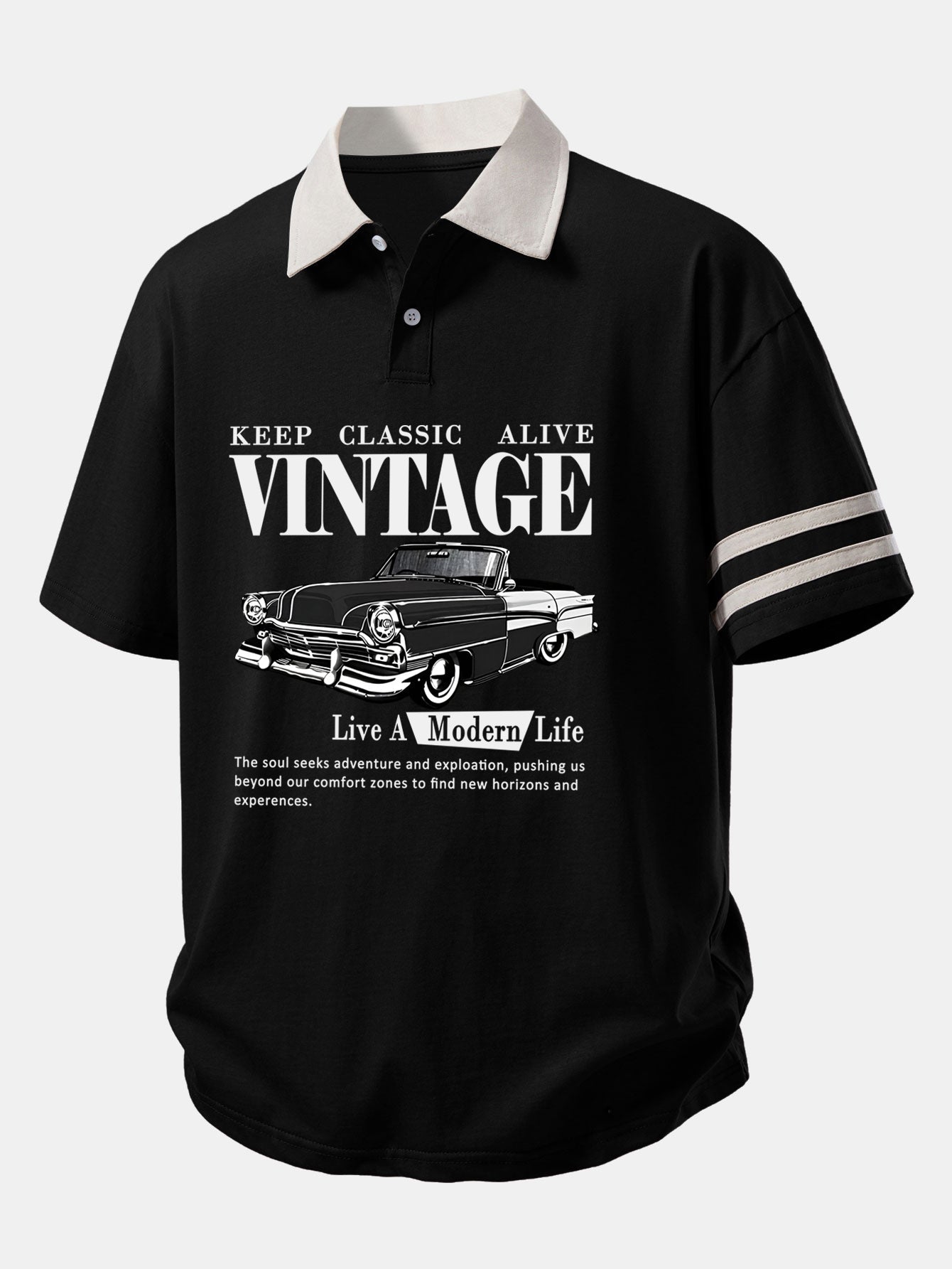 Relax Fit Vintage Car Print Contrast Collar Polo Shirt