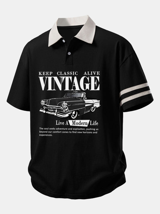 Relax Fit Vintage Car Print Contrast Collar Polo Shirt
