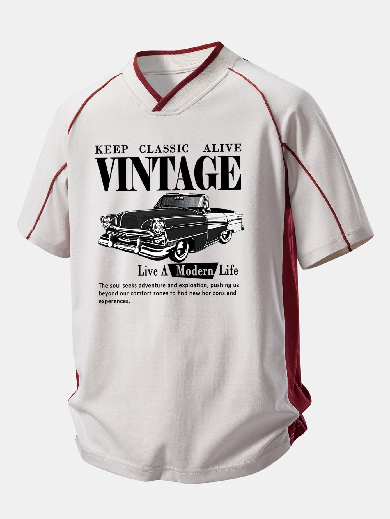 Vintage Car Print Contrast Piping V-Neck Raglan Sleeve T-Shirt