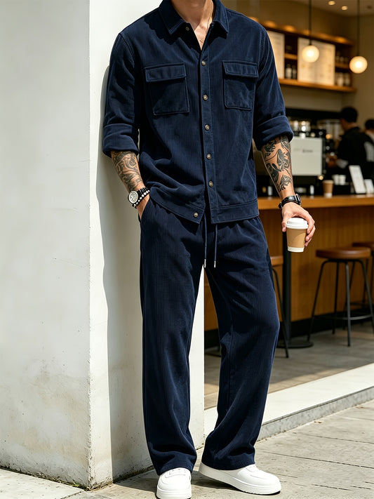Men's 2pcs Set Featuring a Lapel Shirt and Casual Pants