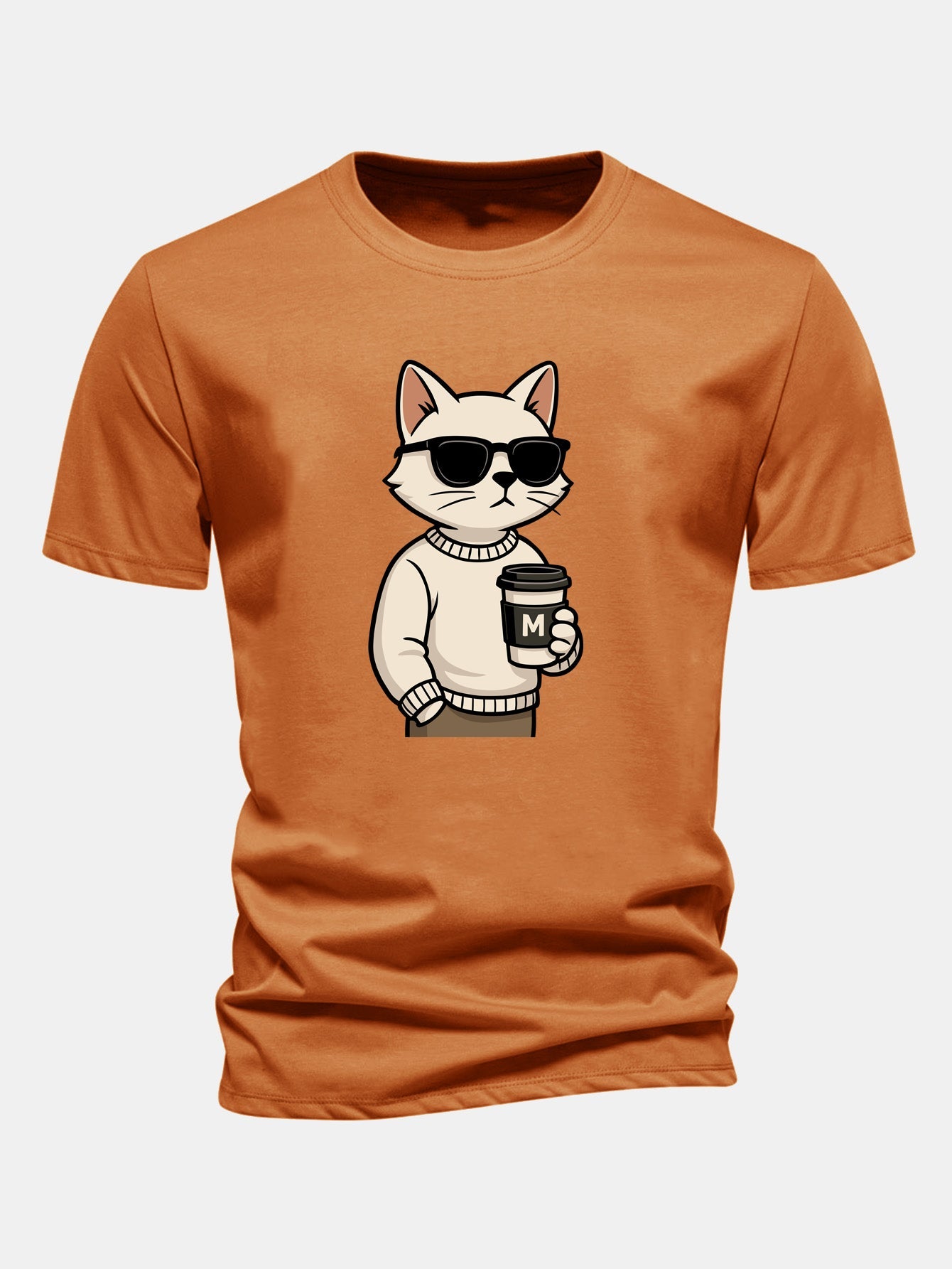 Regular Fit Cat Drinking Coffee Print Cotton T-Shirt