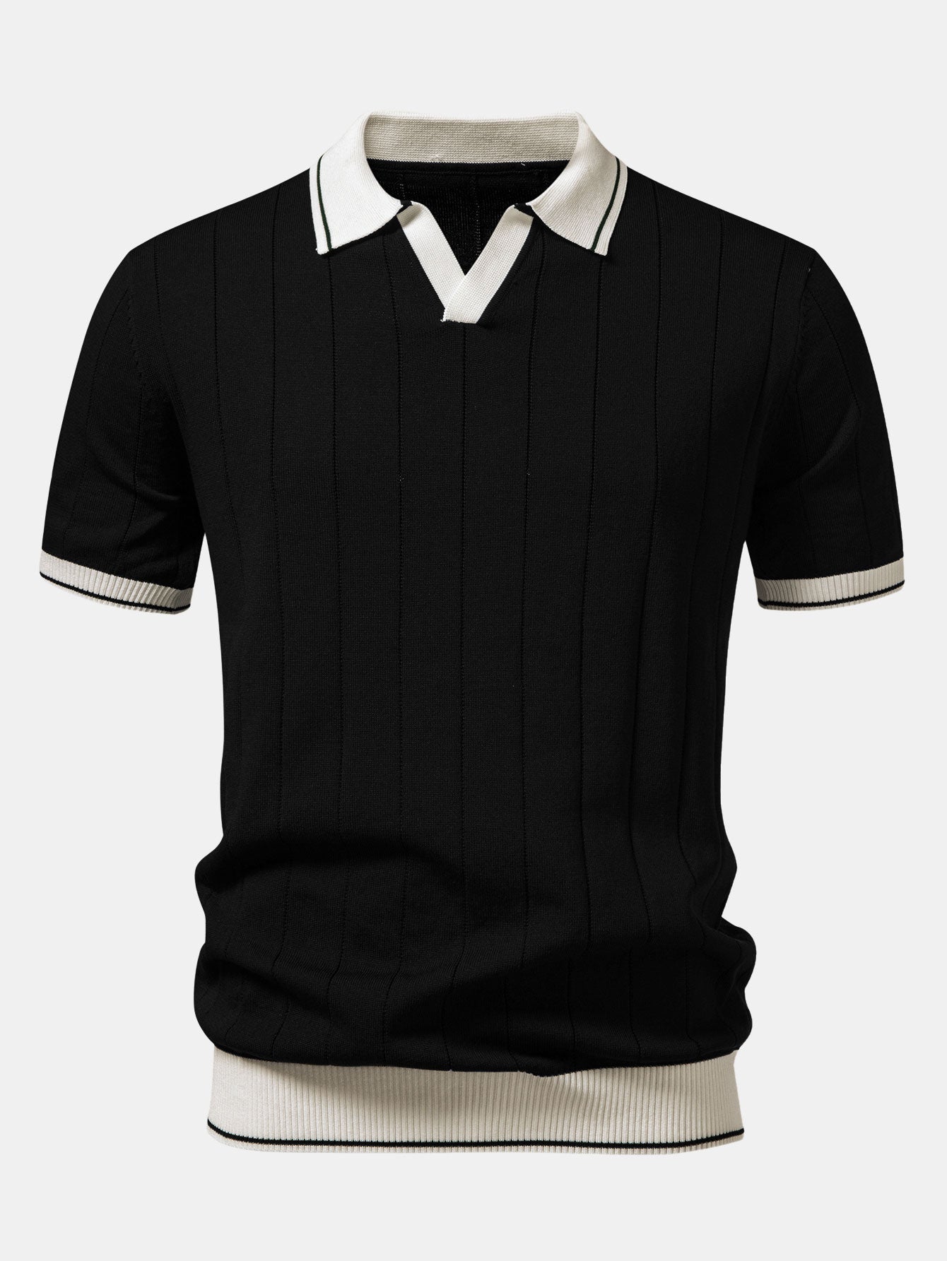 Contrast Trim Ribbed Johnny Collar Knit Polo & Straight Leg Ribbed Pants