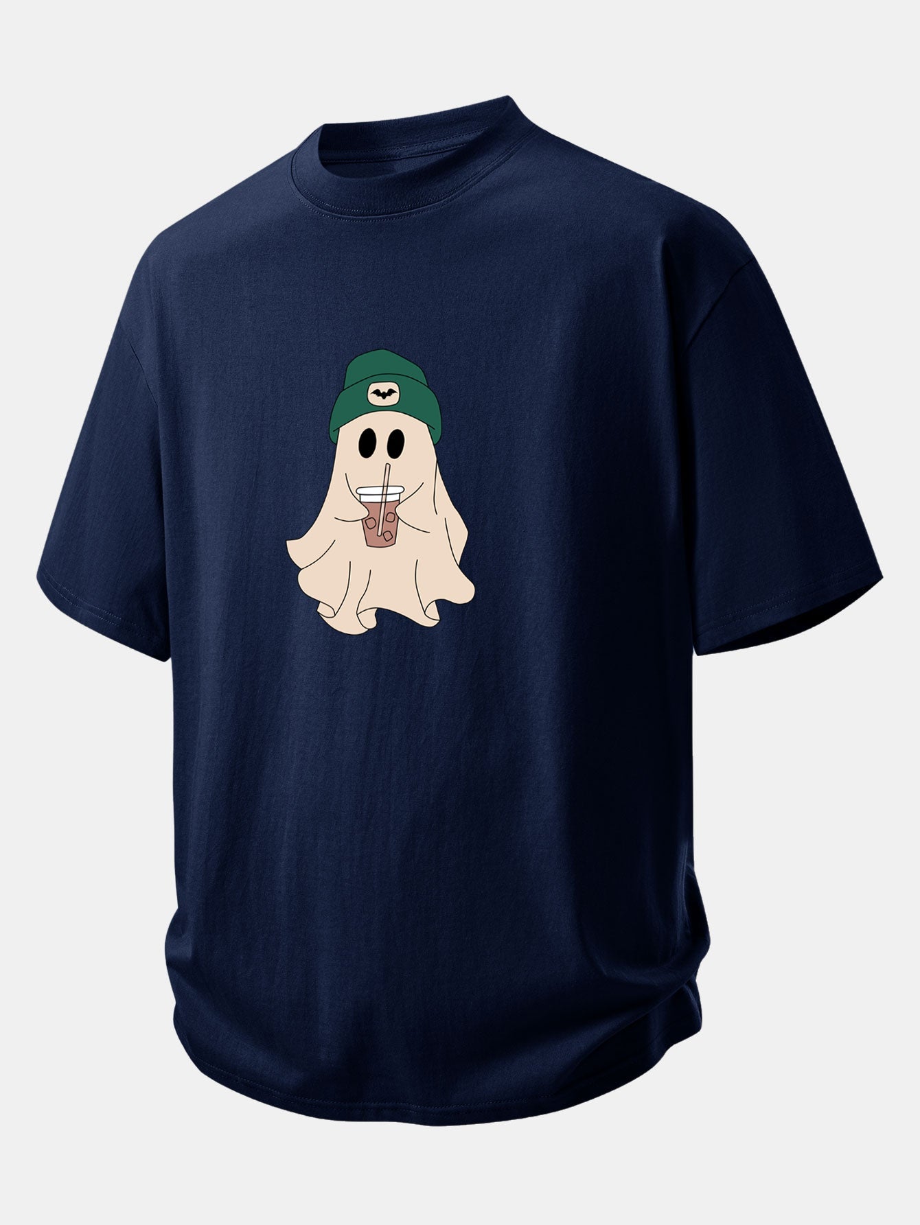 Relax Fit Darkgreen Hat Ghost Print Cotton T-Shirt