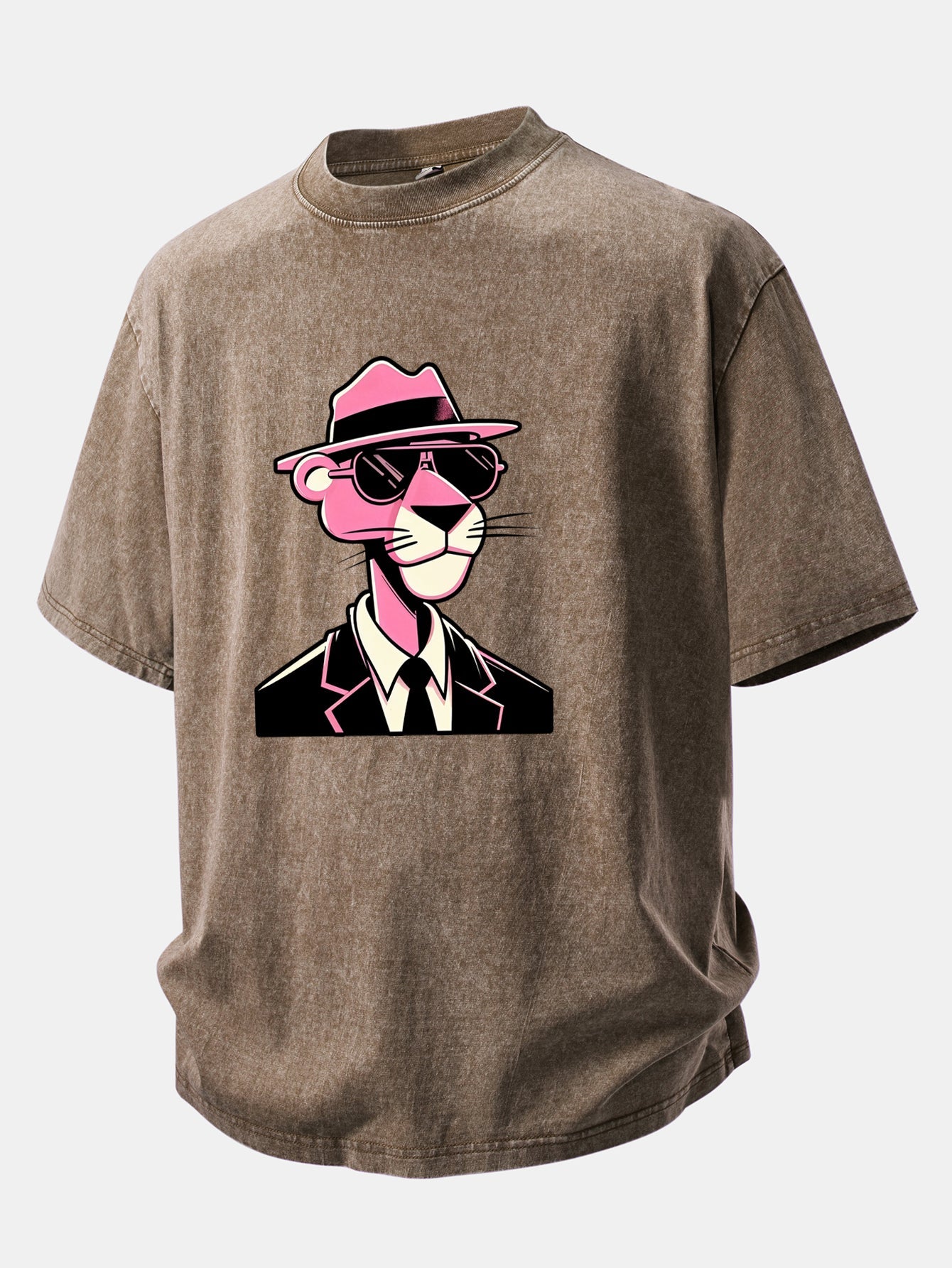 Pink Gentleman Panther Print Washed Distressed Drop Shoulder T-Shirt