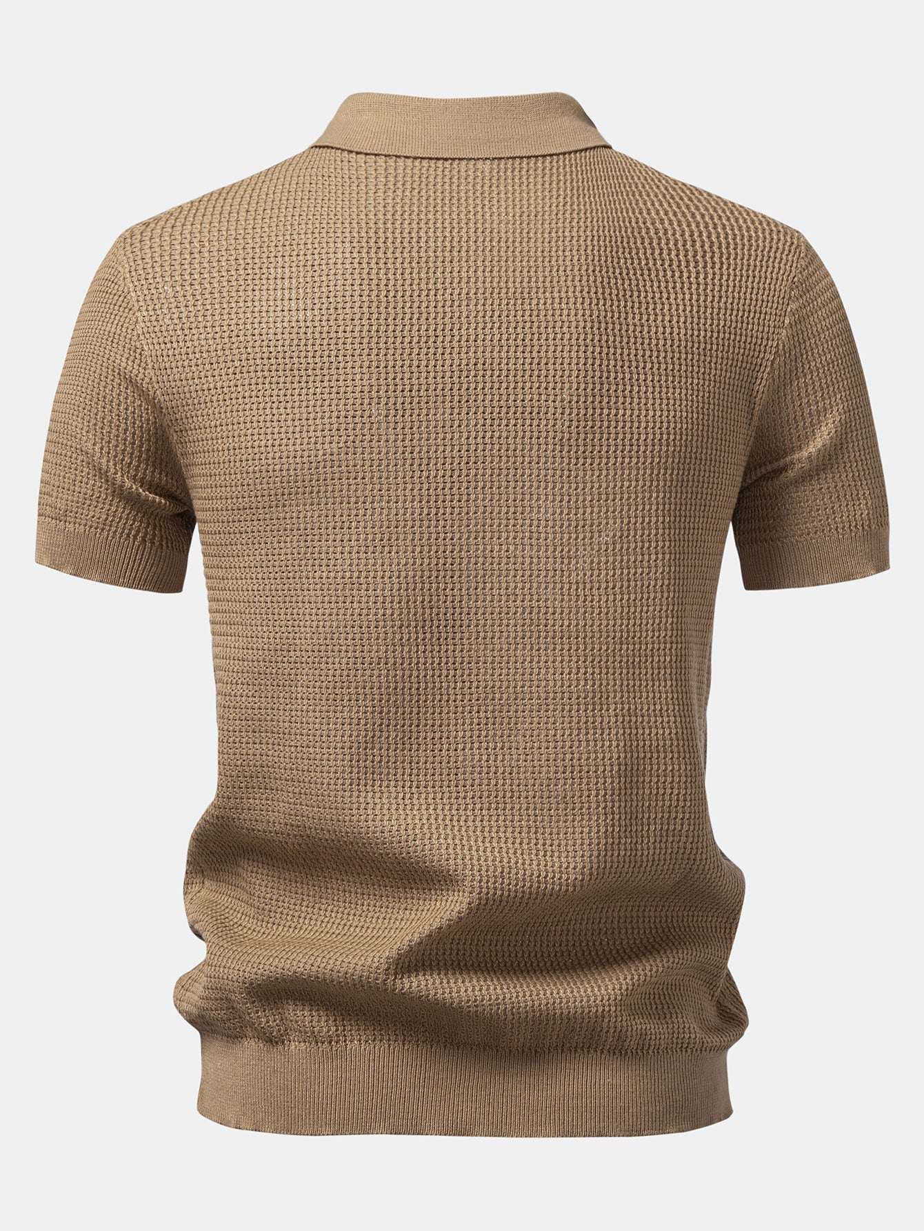 Textured Johnny Collar Crocheted Knit Polo & Crinkle Textured Straight Leg Pants