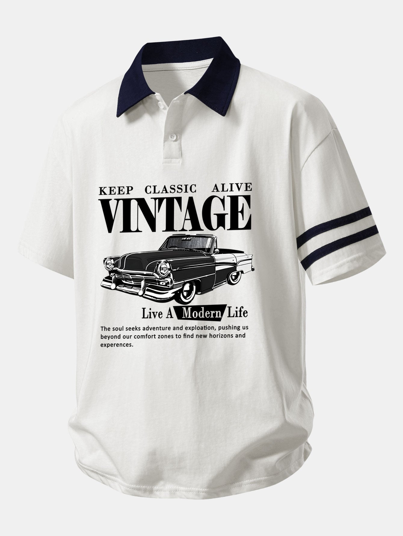 Relax Fit Vintage Car Print Contrast Collar Polo Shirt