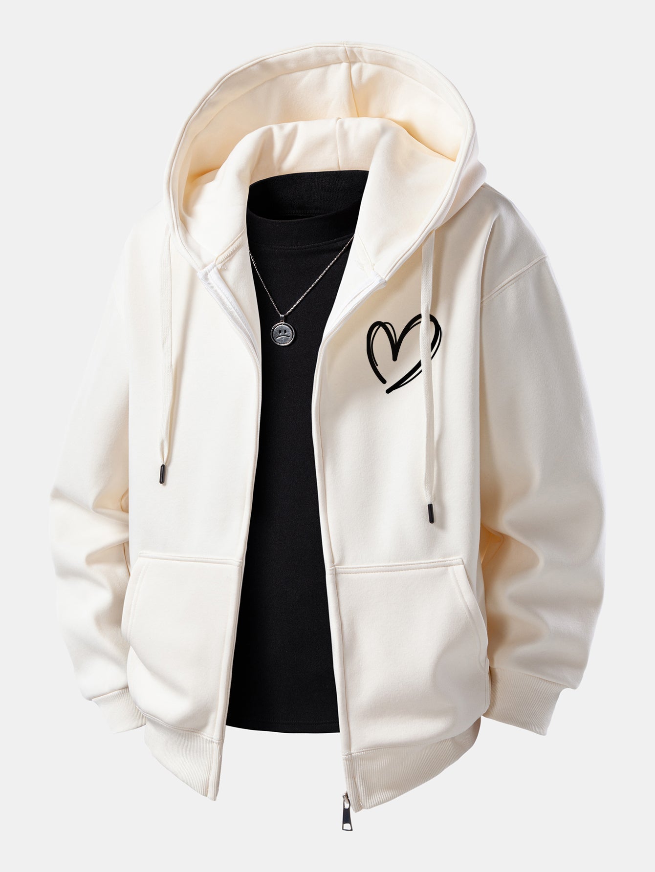 Heart Print Zip-Up Hoodie