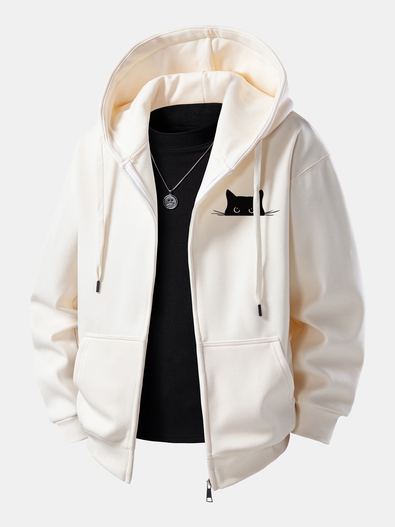 Black Cat Print Zip-Up Hoodie