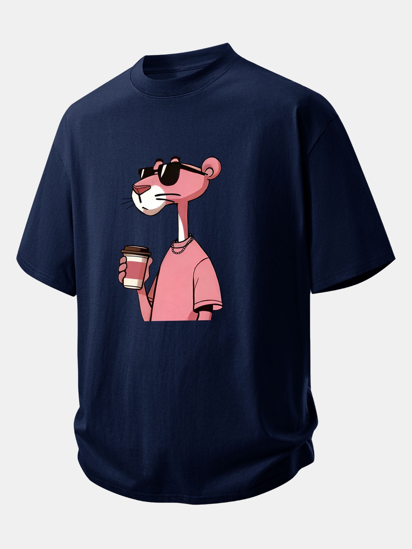 Relax Fit Pink Panther Drinking Coffee Print Cotton T-Shirt