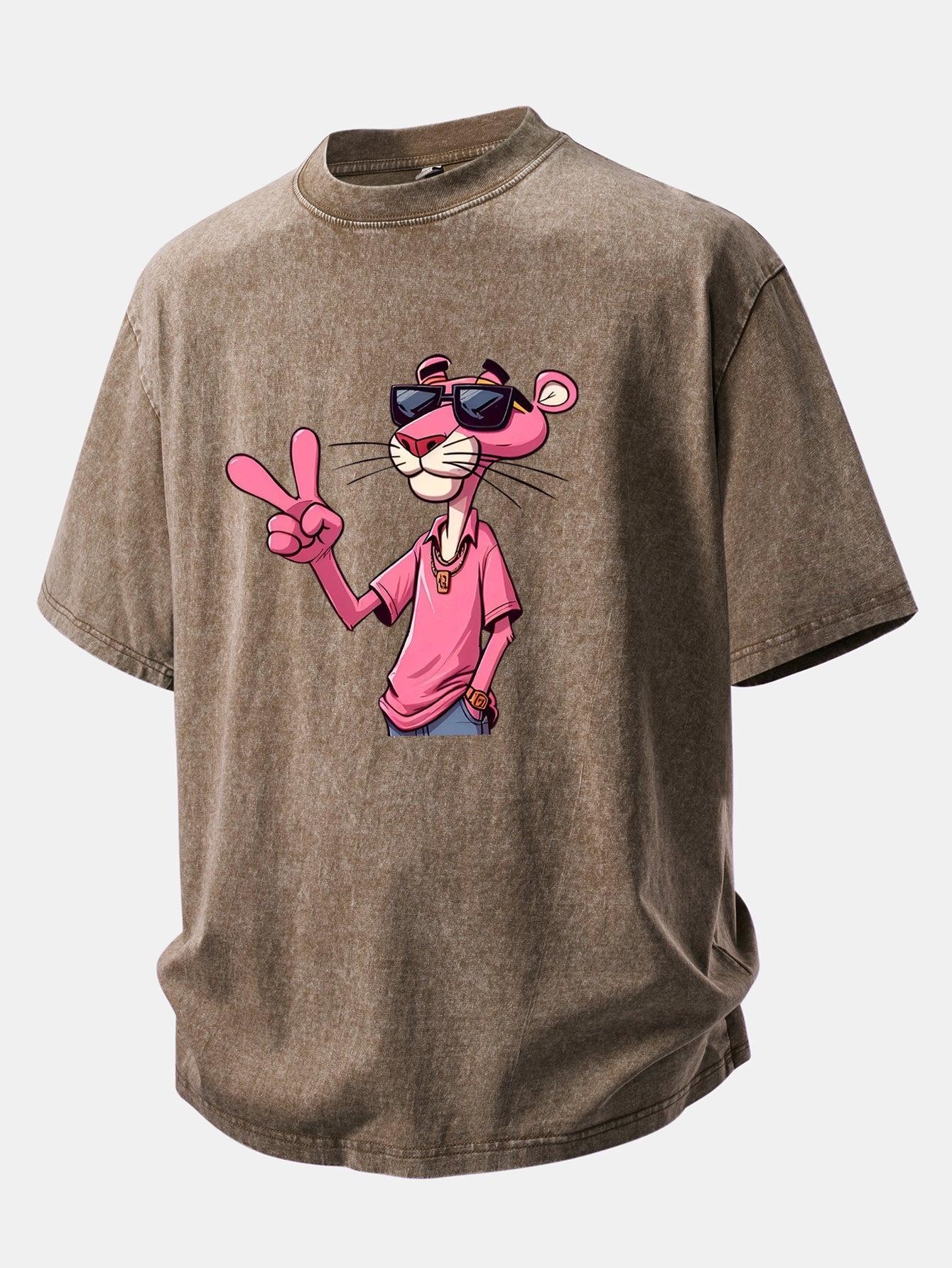 Pink Panther With V Sign Print Washed Distressed Drop Shoulder T-Shirt