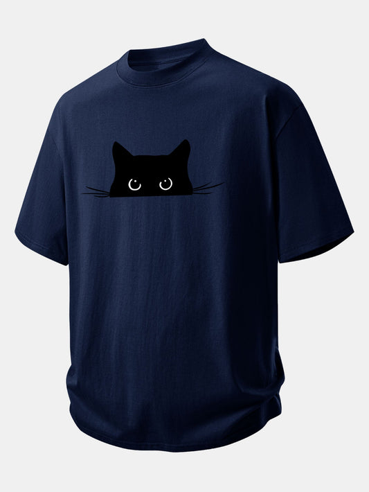 Relax Fit Black Cat Print Cotton T-Shirt