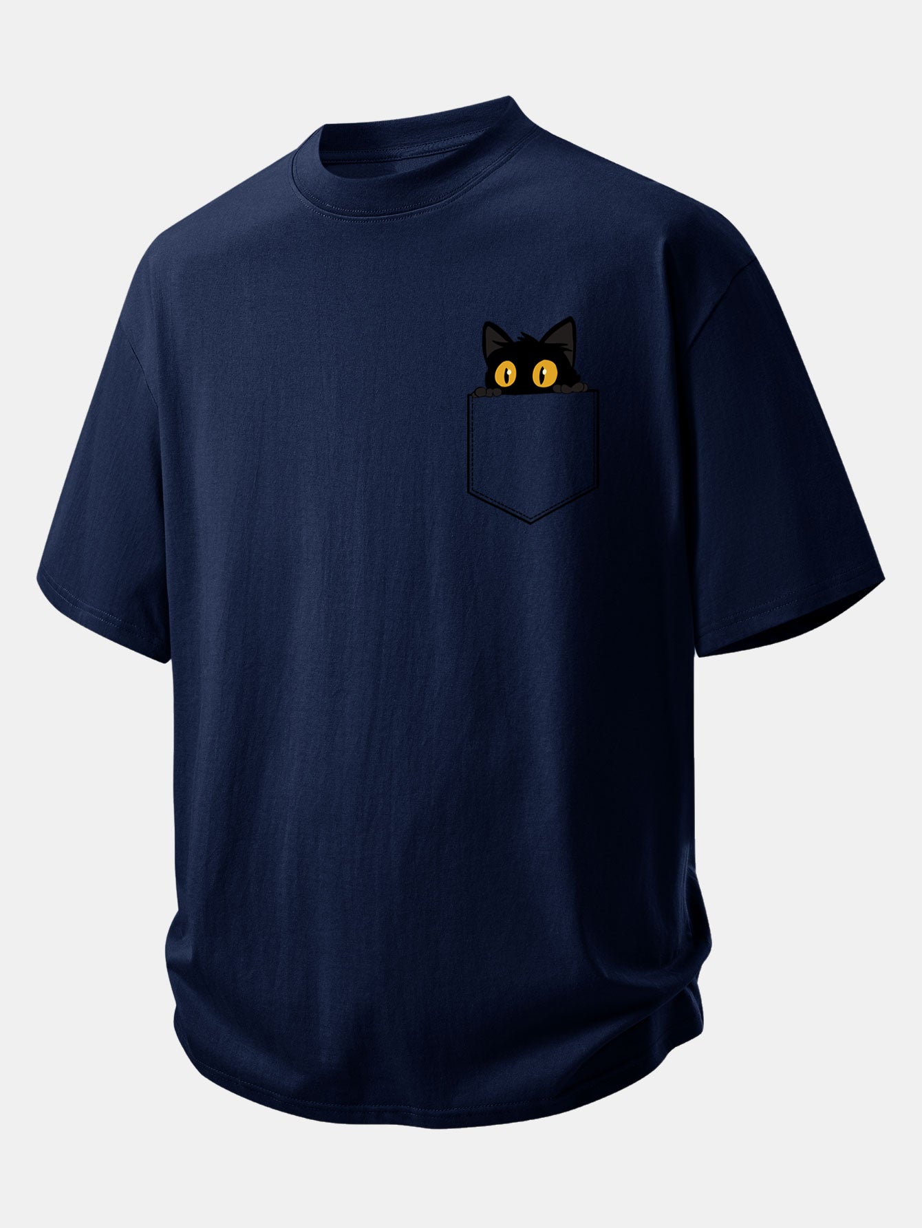 Relax Fit Pocket Black Cat Print Cotton T-Shirt