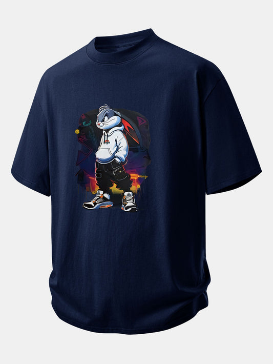 Relax Fit Cartoon Rabbit Print Cotton T-Shirt