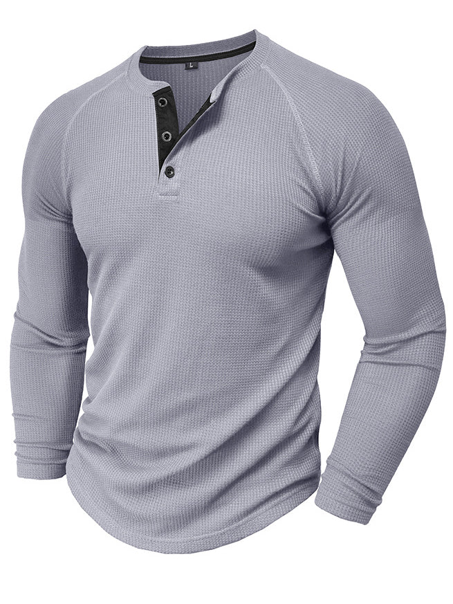 Men's Waffle Henley Collar Textured Long-sleeved Top