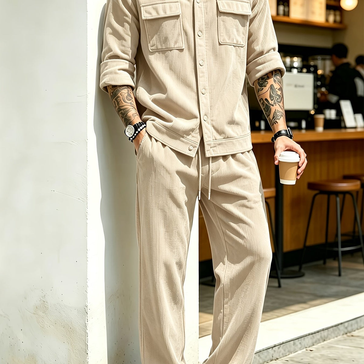 Men's 2pcs Set Featuring a Lapel Shirt and Casual Pants