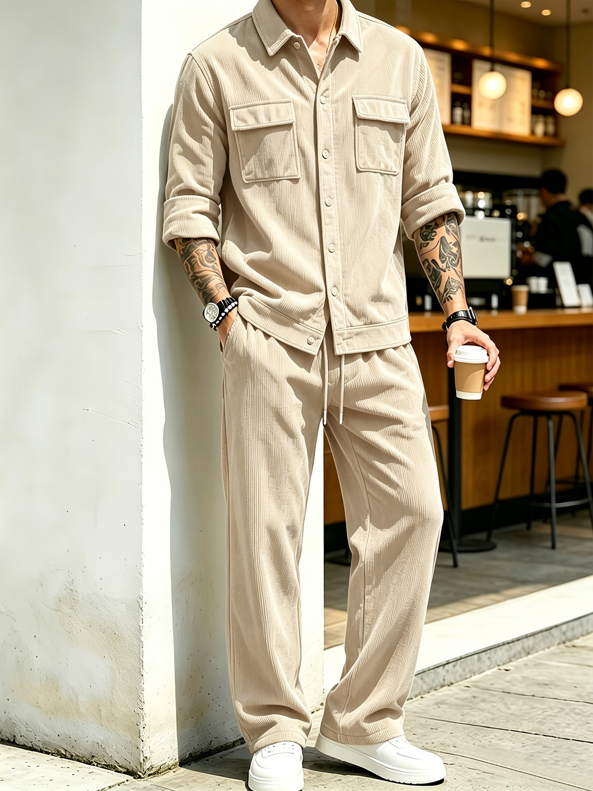Men's 2pcs Set Featuring a Lapel Shirt and Casual Pants