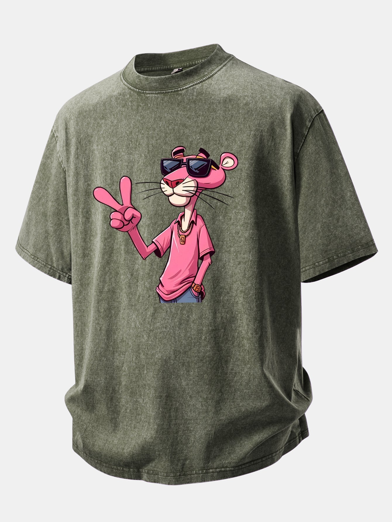 Pink Panther With V Sign Print Washed Distressed Drop Shoulder T-Shirt