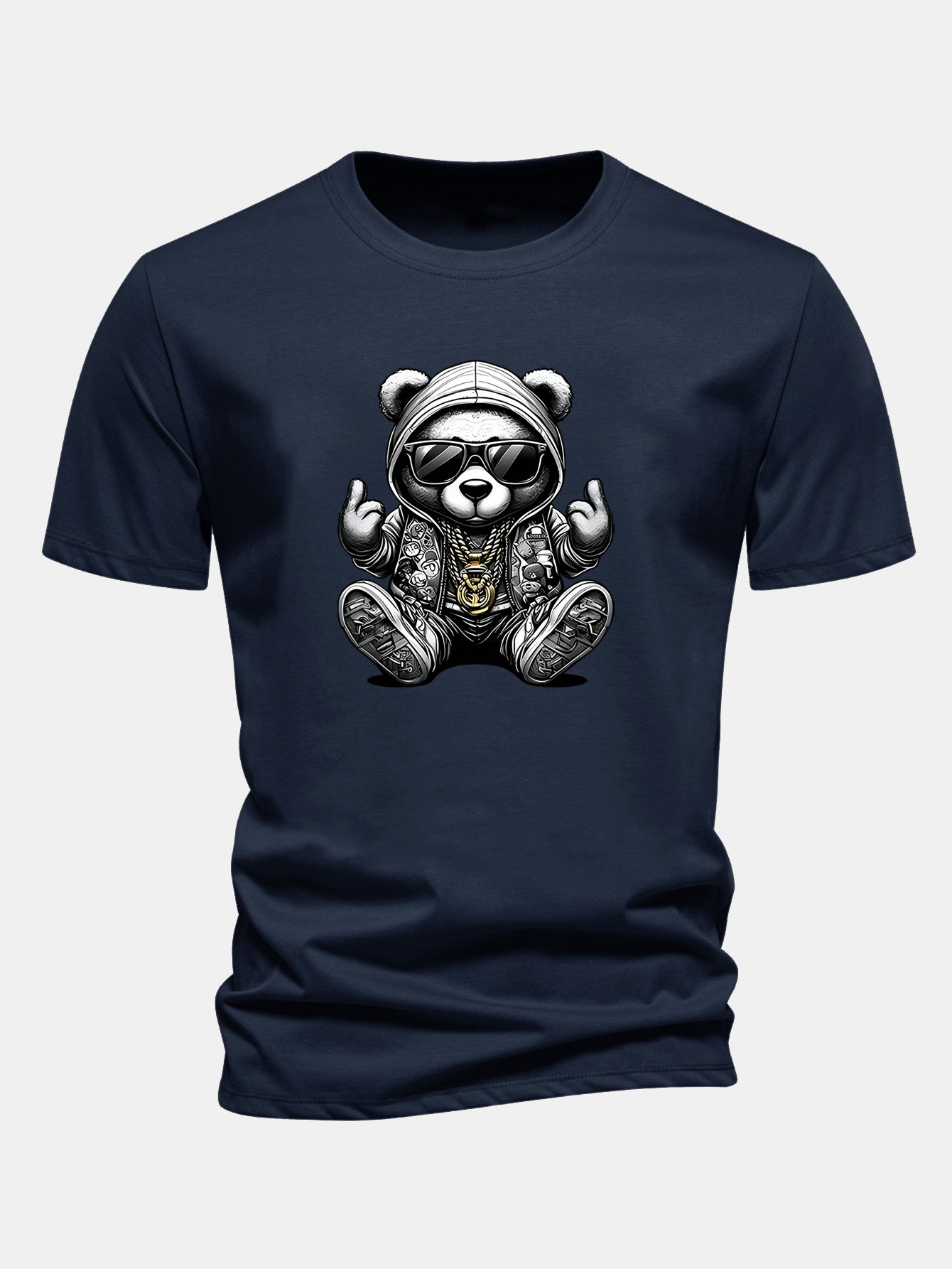 Regular Fit Hip Hop Bear Print Cotton T-Shirt