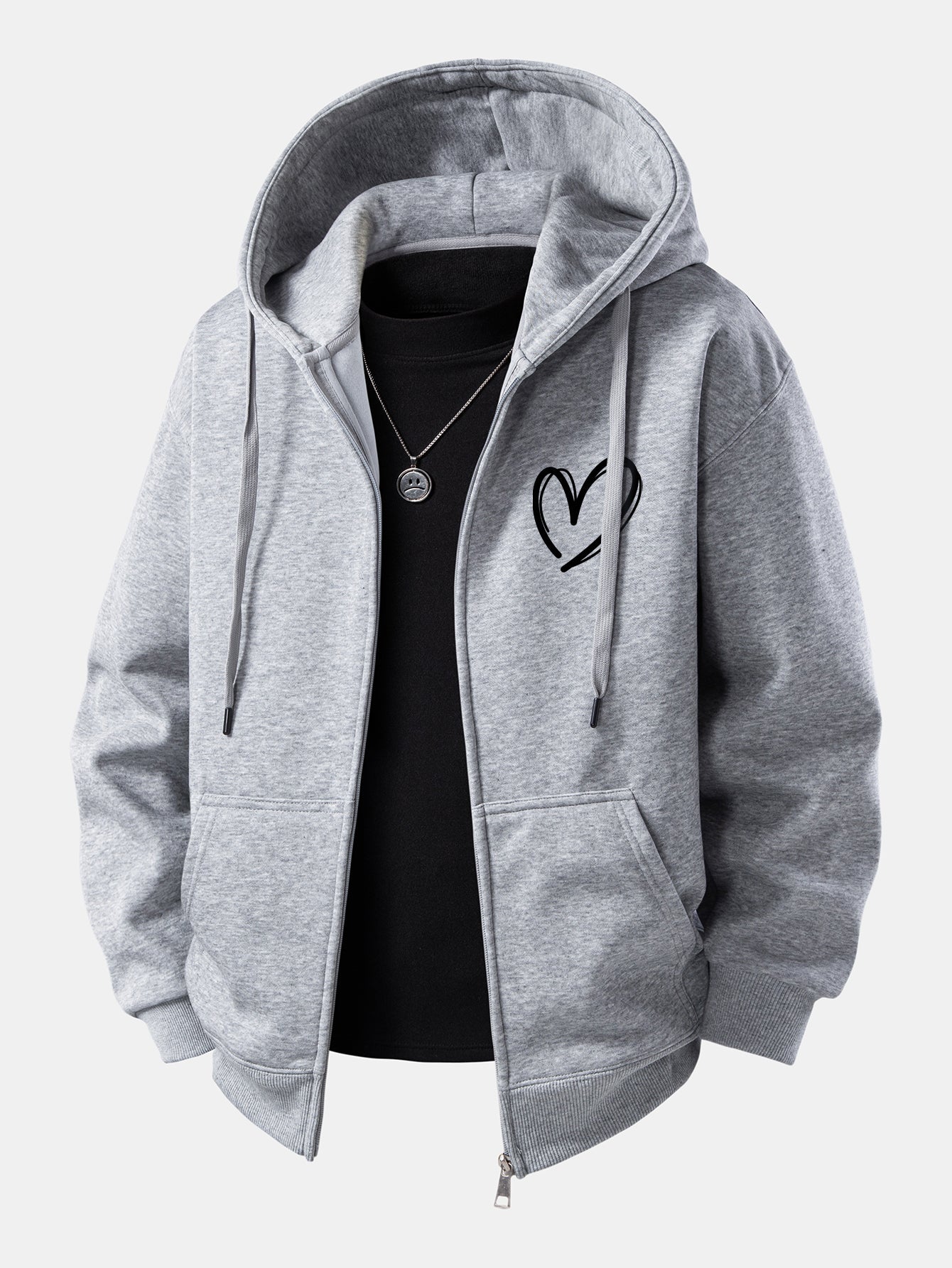 Heart Print Zip-Up Hoodie