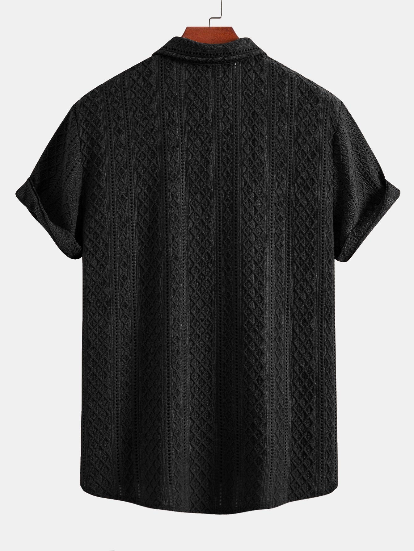 Geometry Rhombus Jacquard Button Up Shirt & Crinkle Textured Drawstring 5" Shorts