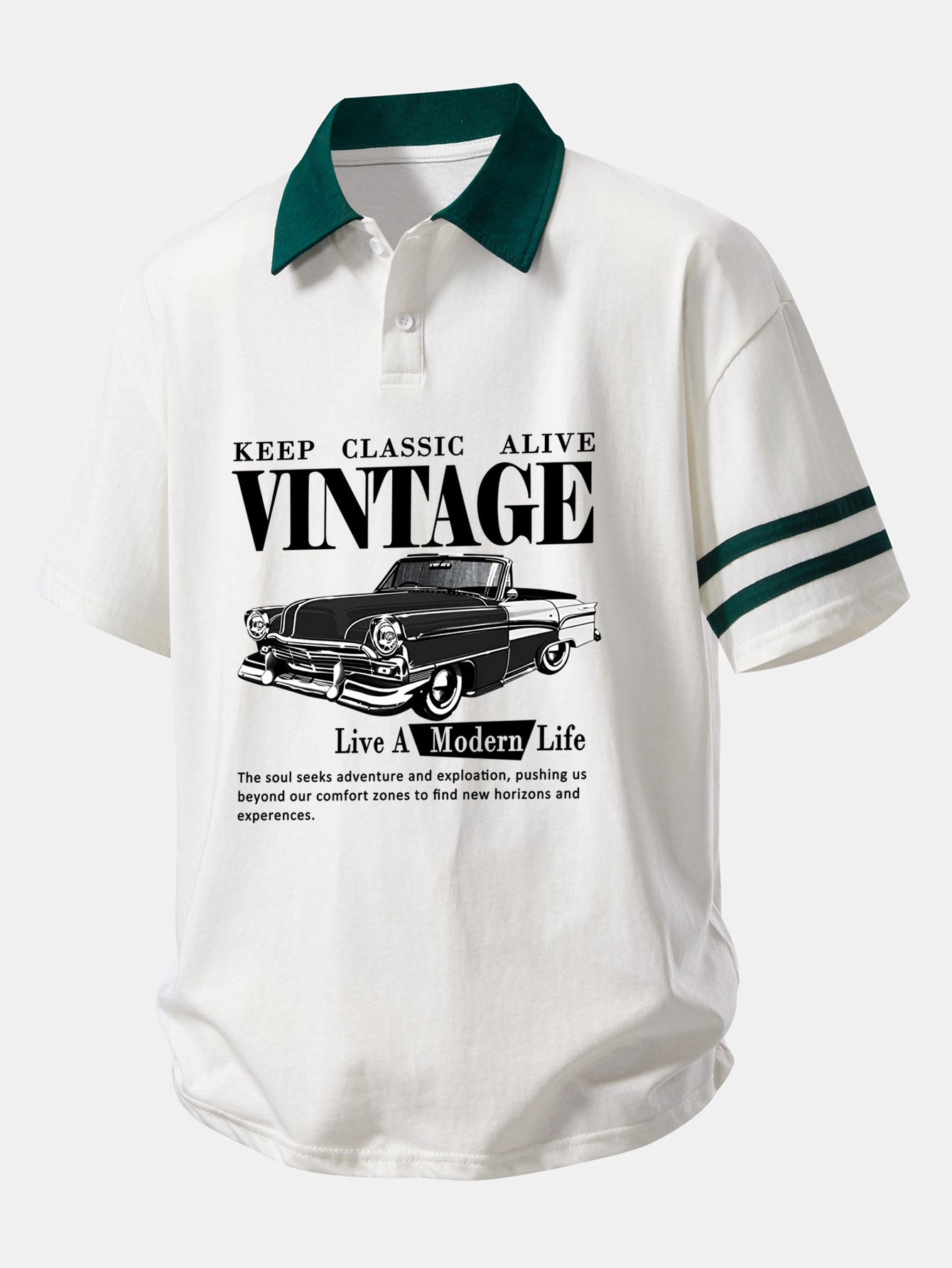 Relax Fit Vintage Car Print Contrast Collar Polo Shirt