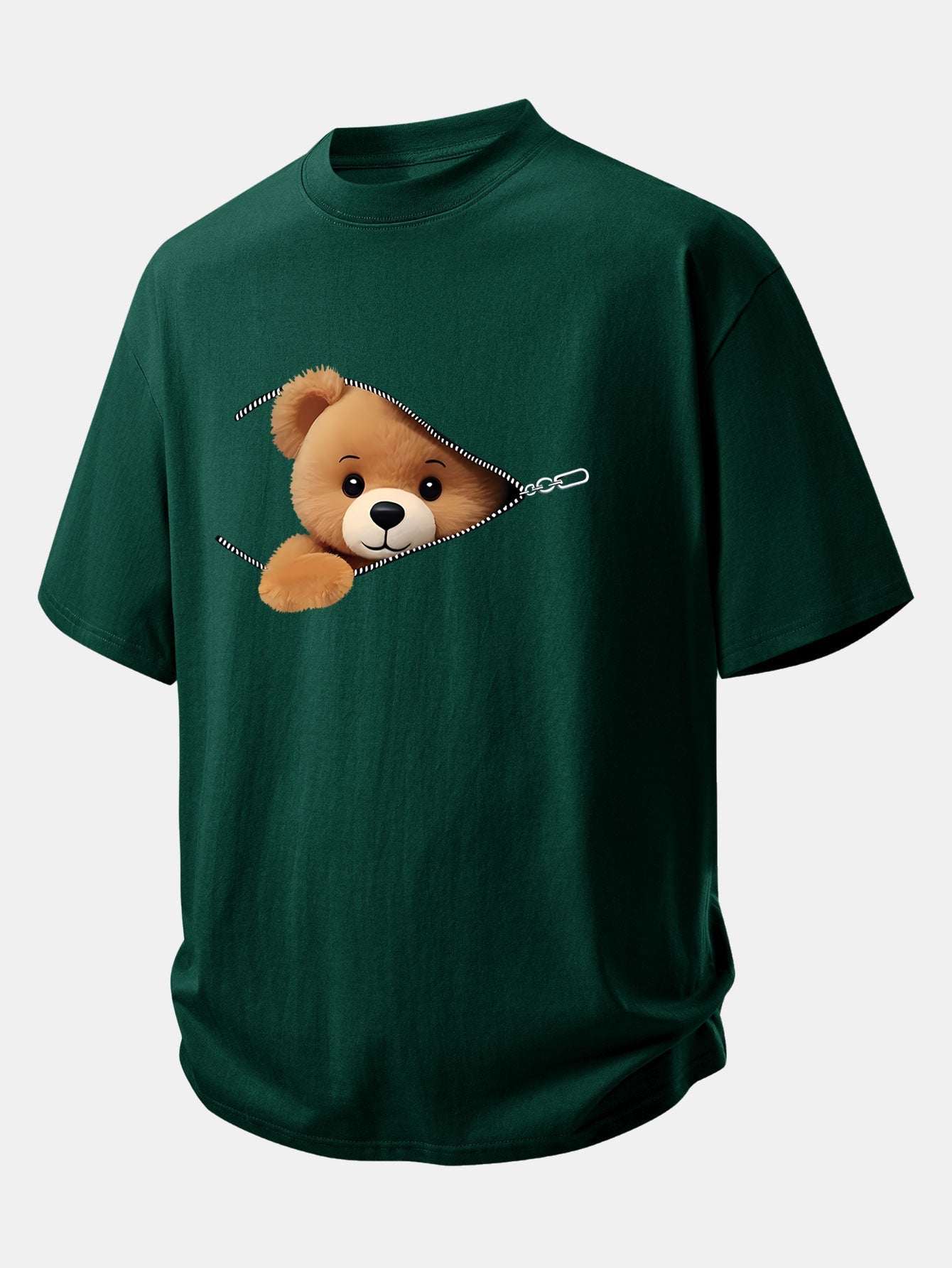 Relax Fit Zipper Bear Print Cotton T-Shirt