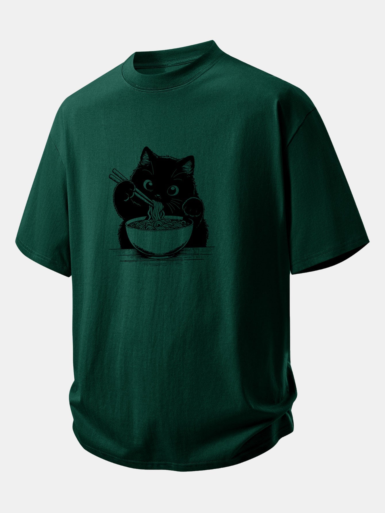 Relax Fit Black Cat Ramen Print Cotton T-Shirt