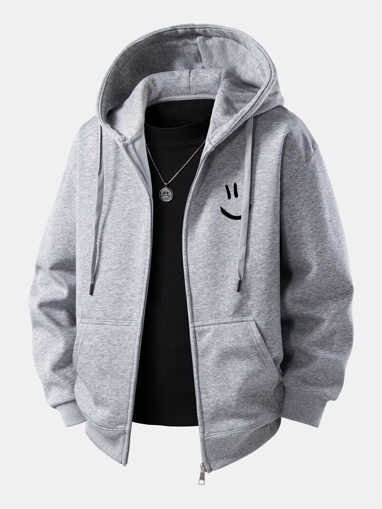 Smiley Face Print Zip-Up Hoodie