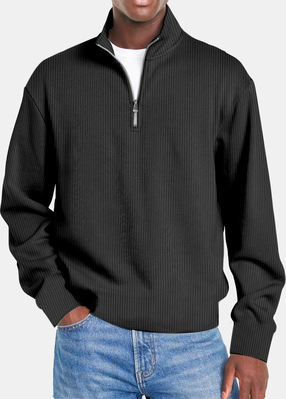 Men's Autumn and Winter Simple Vertical Strip Comfortable Zipper Long-sleeved Polo Shirt